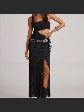 12th Tribe Cara Black Strapless Fringe Maxi Dress